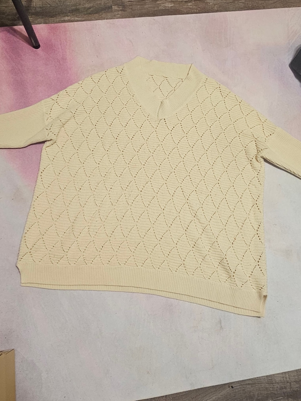 Women's Cream Open-Knit V-Neck Sweater